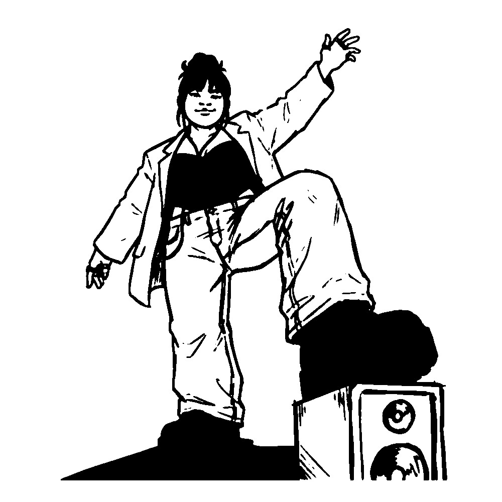 Andi, the Host, one boot on a speaker
