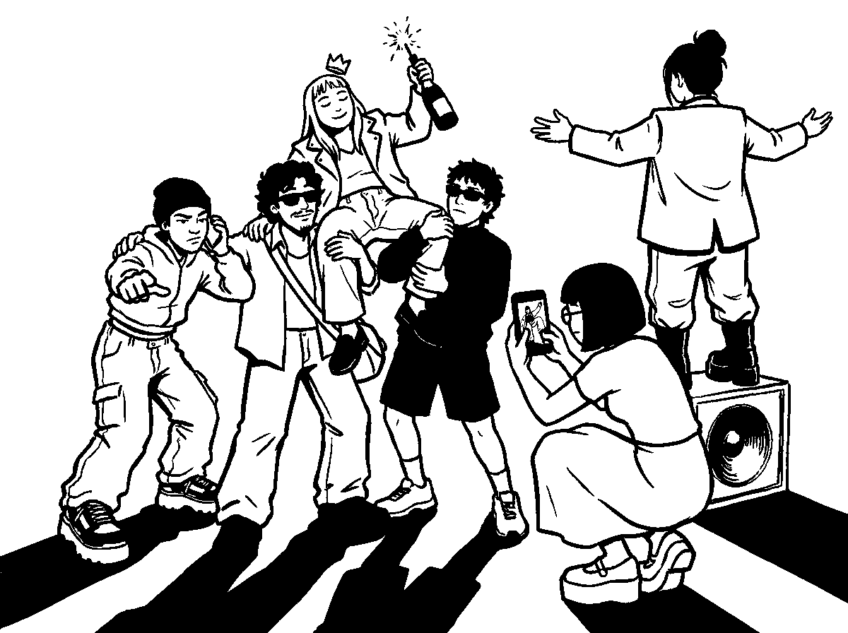 The Orla cast mid-party: Mika up on Dev’s and Kai’s shoulders with a sparkler, Rafa pointing at you, Bea filming, Andi on a speaker