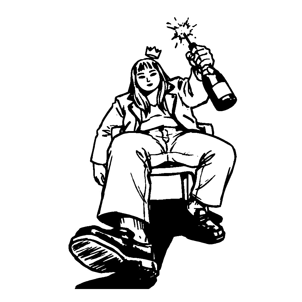 Mika, the Captain, sprawled on a chair with a sparkler bottle